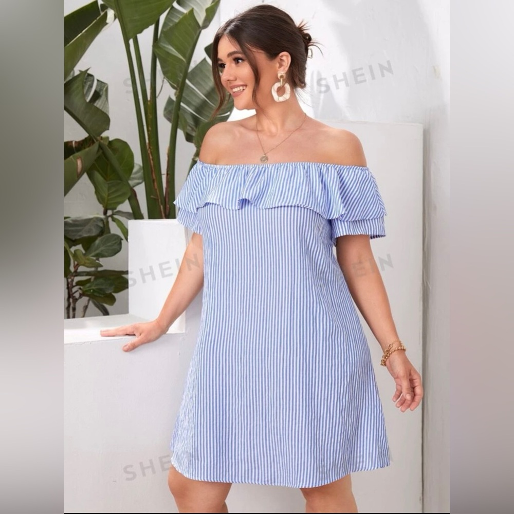 Plus striped off the shoulder dress